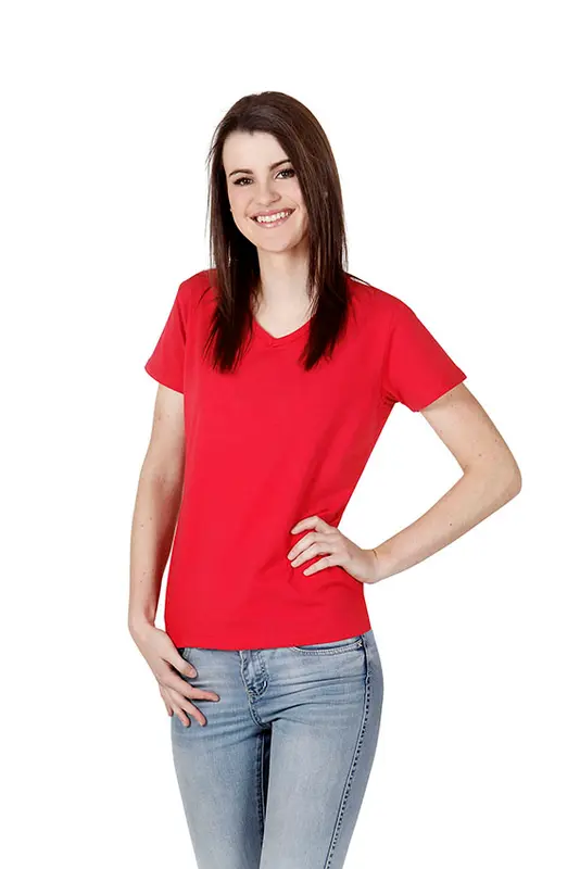 Ladies V-neck Cotton Lycra T-shirt – T Shirts – available in black, blue, red, white colours