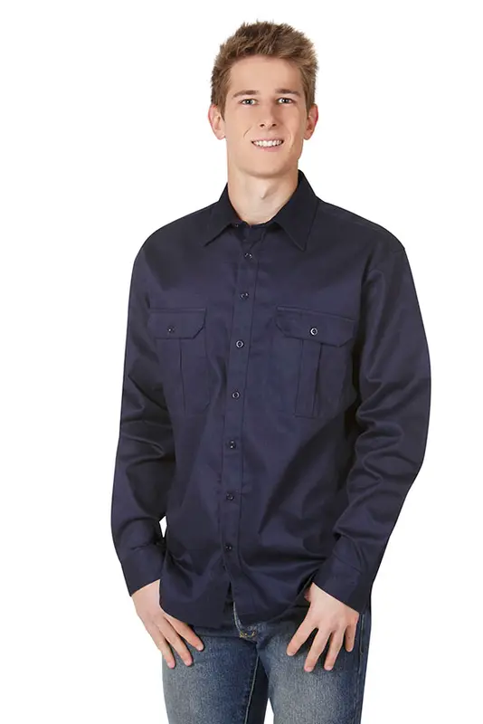 Cotton Drill Work Shirt, Long Sleeve – Shirts – available in blue colour