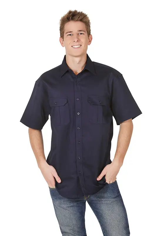 Cotton Drill Work Shirt, Short Sleeve – Shirts – available in blue colour