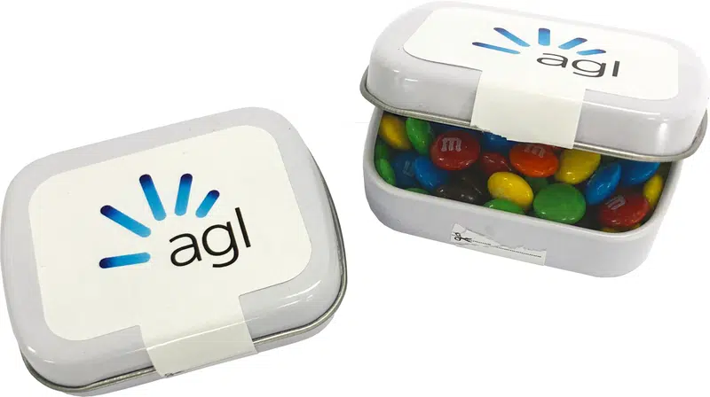 Small Rectangle Tin filled with Mini M&Ms 30g – Lollies