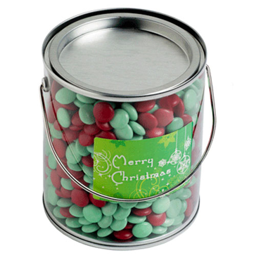Big PVC Bucket with Christmas Choc Beans 875G – Lollies – Confectionery Corner