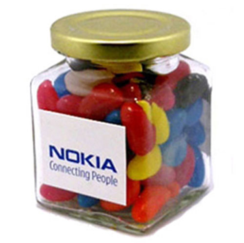 Square Glass jar with Mini Jelly Beans 170g – Lollies – Confectionery Corner – photo 1 of 2