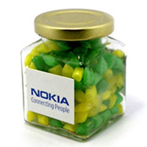 Glass Square Jar with Humbugs 140g – Lollies – Confectionery Corner