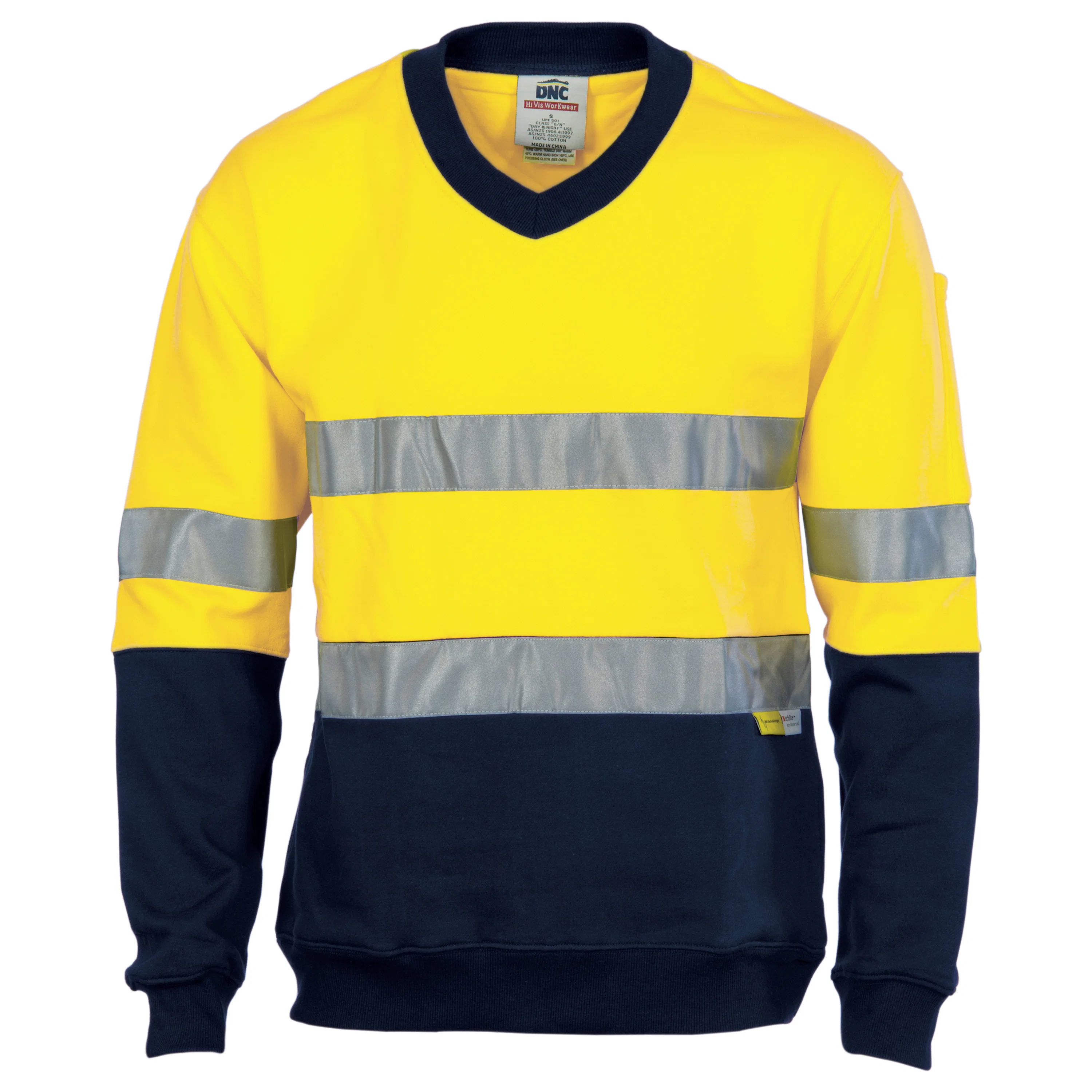 HiVis Two Tone Cotton Fleecy Sweatshirt V-Neck with CSR R/Tape in Yellow/Navy