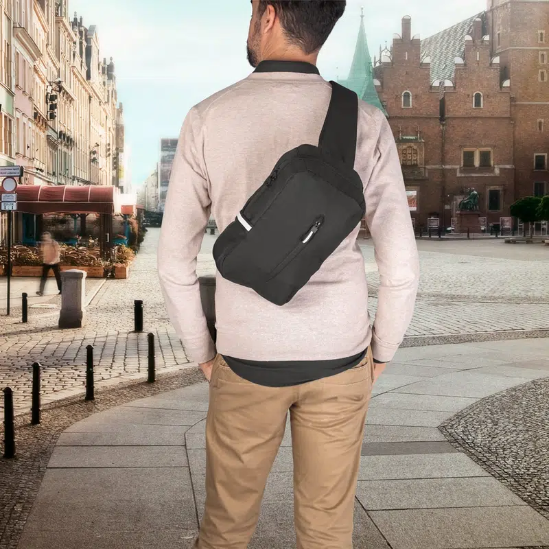 Delfos – 300D recycled polyester and 600D recycled polyester single strap backpack, with 210D recycled polyester lining – Bum Bags