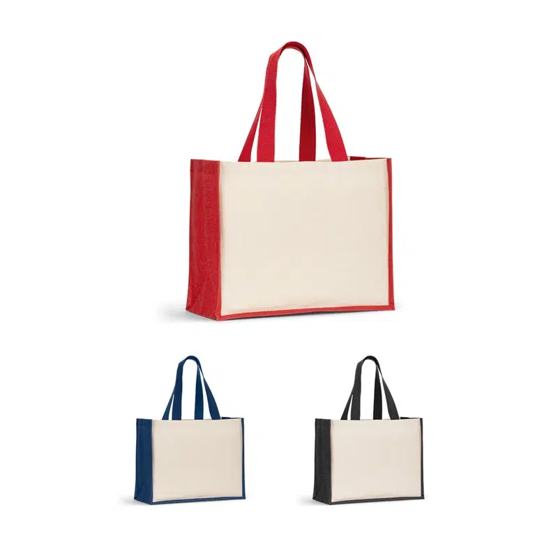 Helsinque Colour – Canvas bag (320 g/m²), with bottom and sides in laminated jute (350 g/m²) in colors – Tote Bags – available in black, blue, red colours