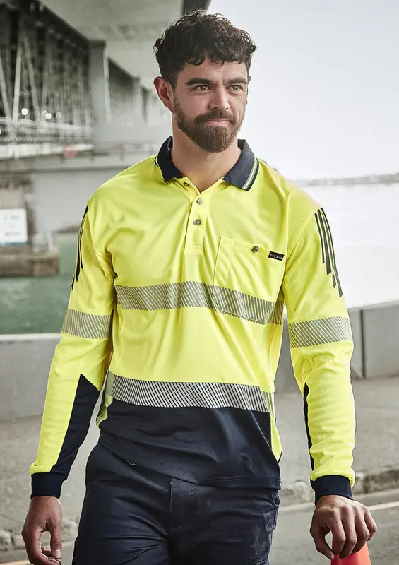 Mens Hi Vis Flux Segmented Tape Long Sleeve Polo – Roughalls & Overalls – available in orange, yellow colours