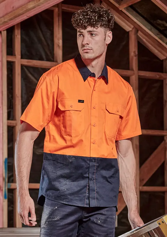Mens Hi Vis Short Sleeve Shirt – Roughalls & Overalls – available in orange, yellow colours