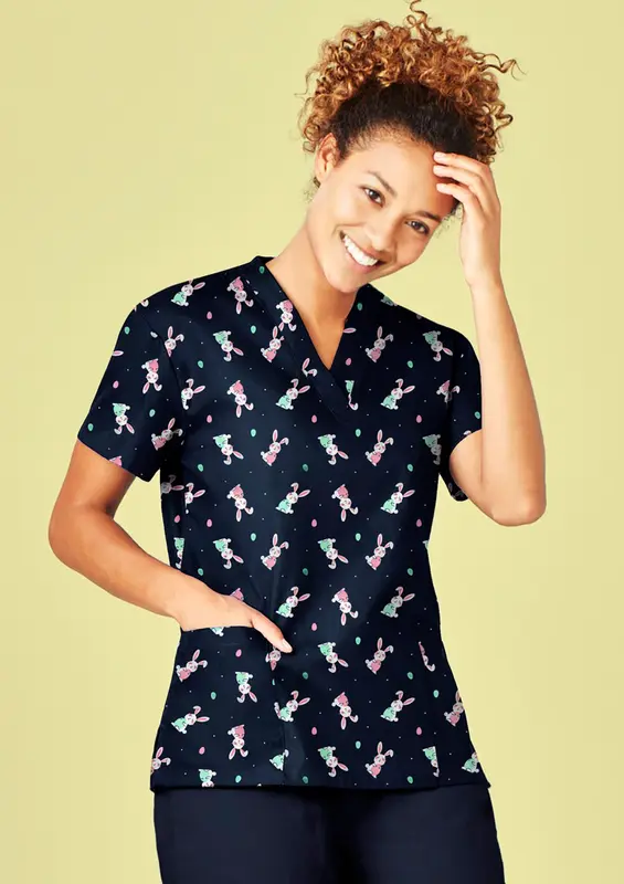 Easter Womens V-Neck Short Sleeve Scrub Top – Misc Clothing – available in blue colour