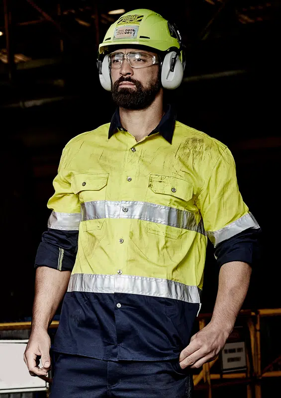 Mens Industrial Long Sleeve Shirt - Hoop Taped – Roughalls & Overalls – available in orange, yellow colours
