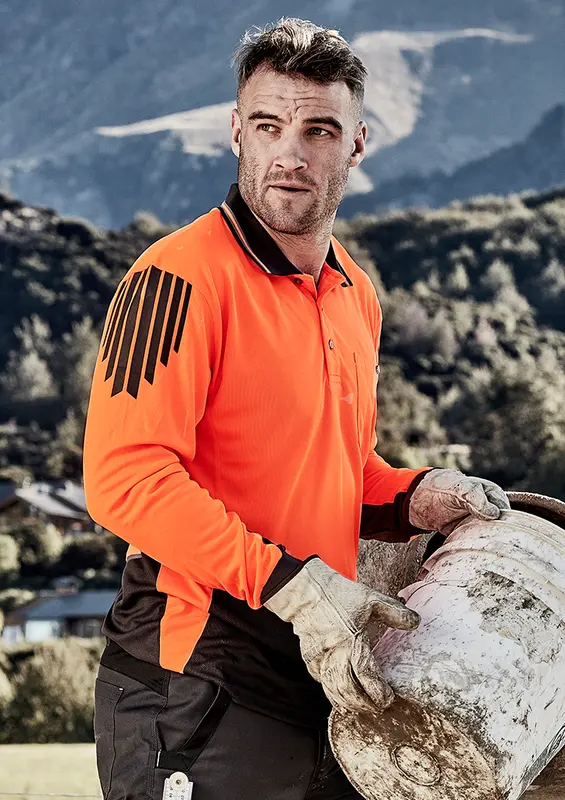 Mens Hi Vis Flux Long Sleeve Polo – Roughalls & Overalls – available in orange, yellow colours