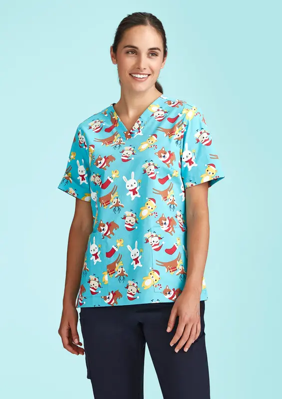 Womens Christmas Short Sleeve V-neck Scrub (Cotton) – Misc Clothing – available in blue, pink colours