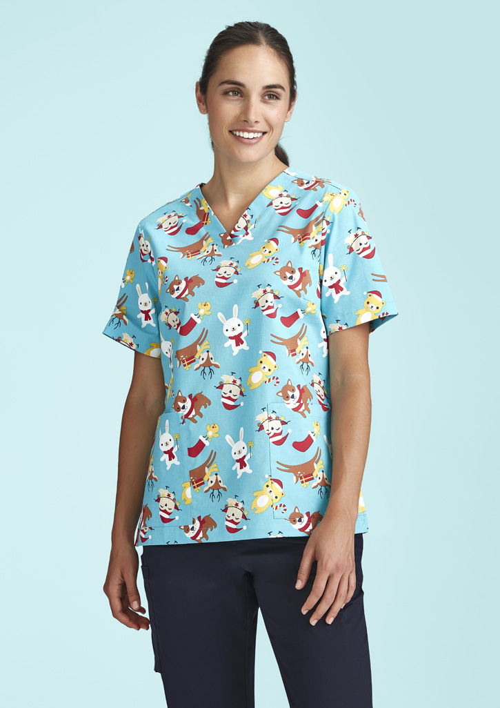 Womens Christmas Short Sleeve V-neck Scrub (Cotton)