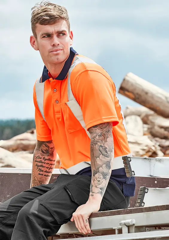 Mens Hi Vis Spliced Short Sleeve Polo - Shoulder Taped – Roughalls & Overalls – available in orange, yellow colours