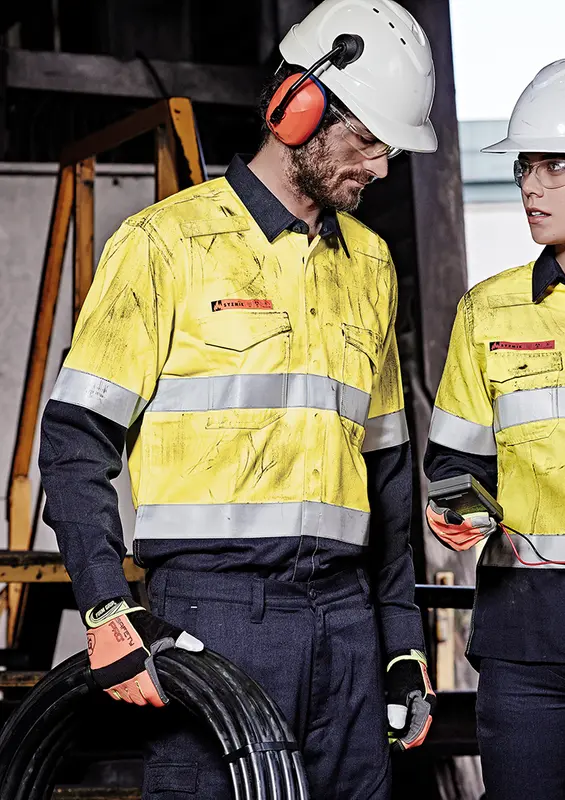 Mens Orange Flame Hi Vis Open Front Spliced Shirt - Hoop Taped – Roughalls & Overalls – available in orange, yellow colours