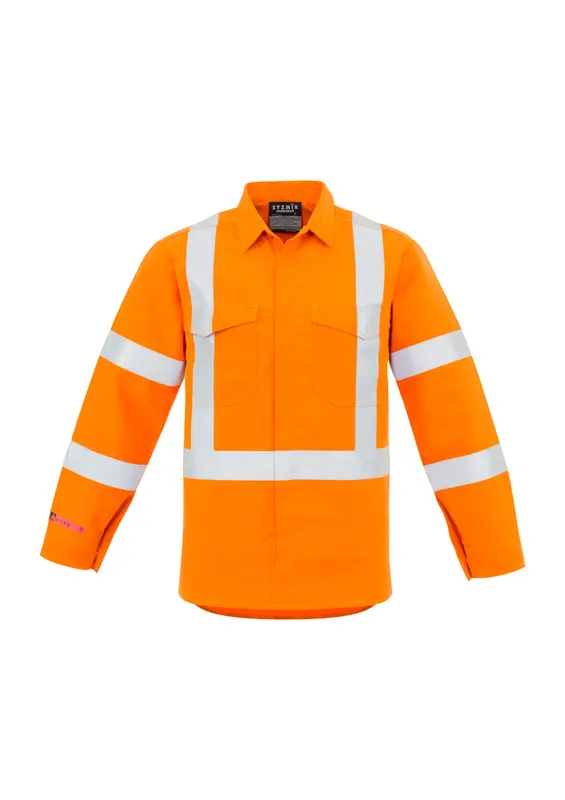 Mens Red Flame Hi Vis X Back Shirt – Roughalls & Overalls – available in orange colour