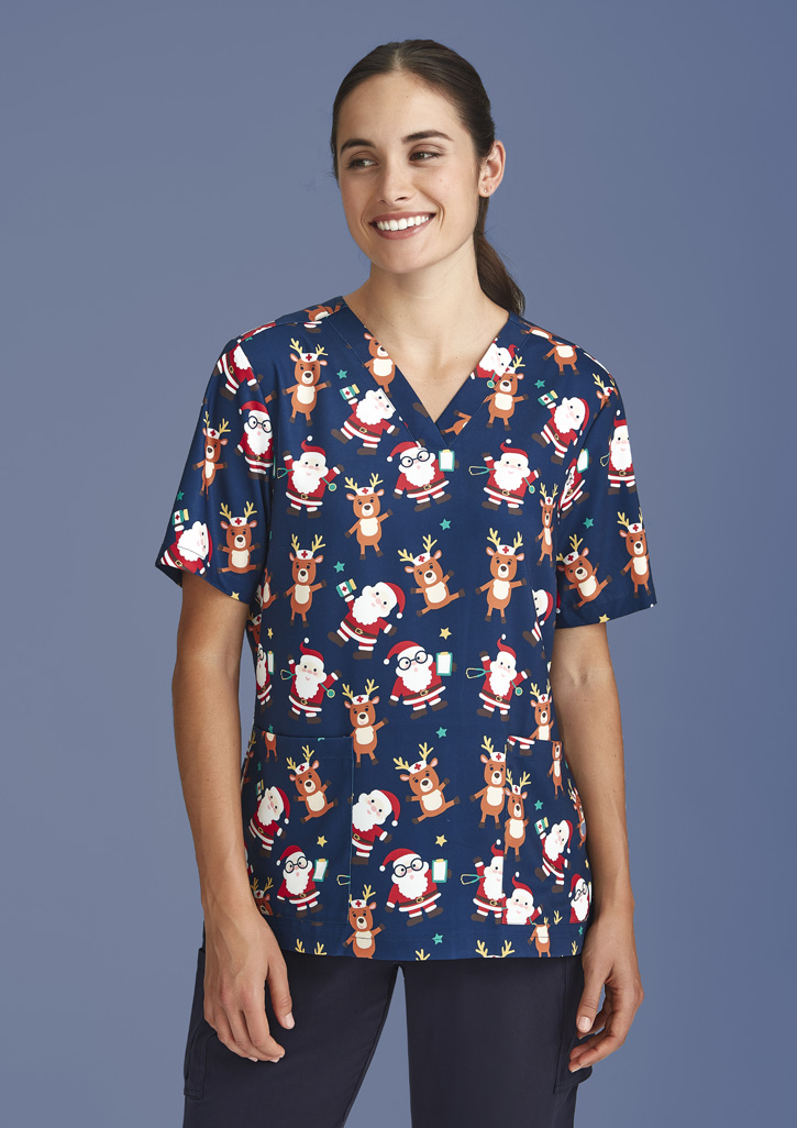 Womens Christmas Short Sleeve V-neck Scrub (Poly Stretch)