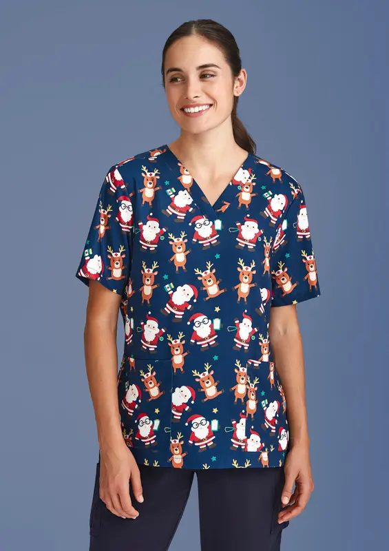 Womens Christmas Short Sleeve V-neck Scrub (Poly Stretch) – Misc Clothing – available in blue colour