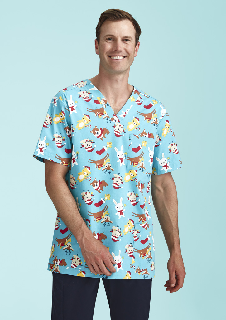 Mens Christmas Short Sleeve V-neck Scrub