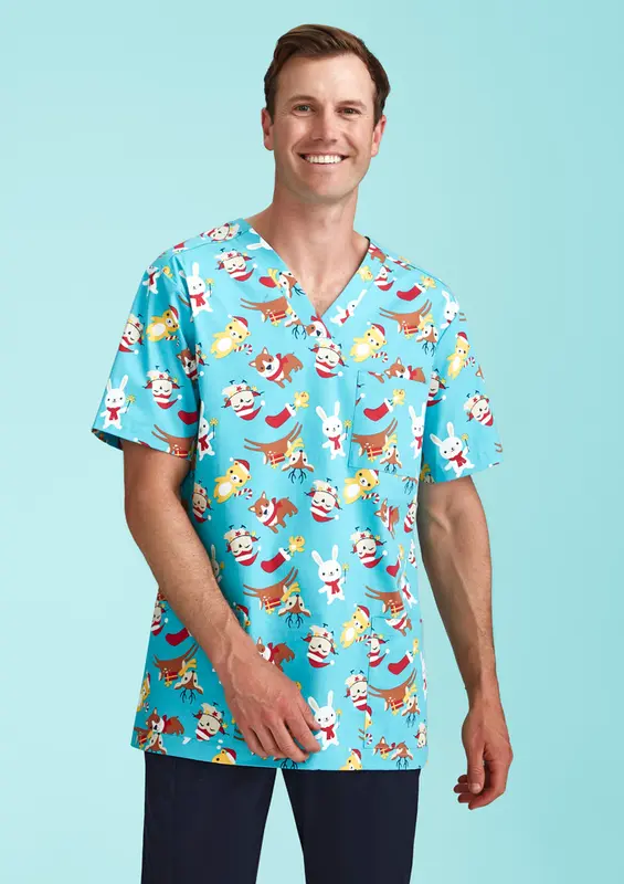 Mens Christmas Short Sleeve V-neck Scrub – Misc Clothing – available in blue, pink colours