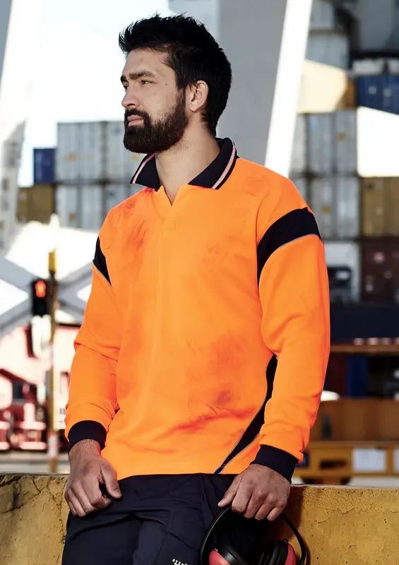 Mens Hi Vis Aztec Long Sleeve Polo – Roughalls & Overalls – available in orange, yellow colours