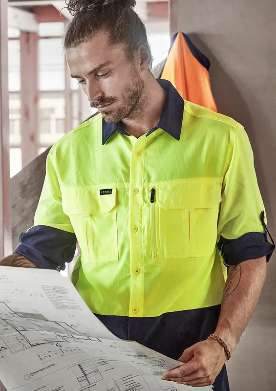 Mens Hi Vis Outdoor Long Sleeve Shirt – Roughalls & Overalls – available in orange, yellow colours