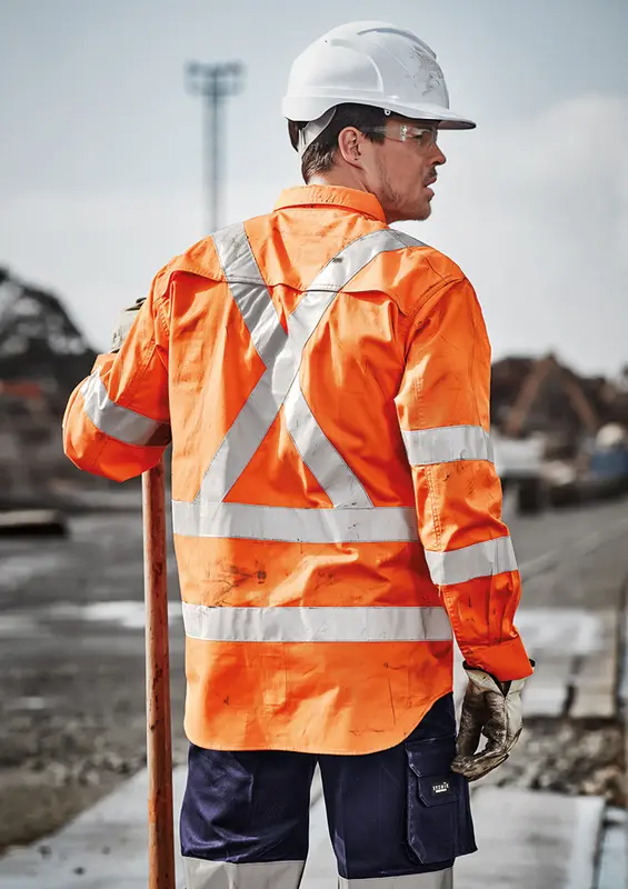 Mens Hi Vis X Back NSW Rail Taped Shirt – Roughalls & Overalls – available in orange colour