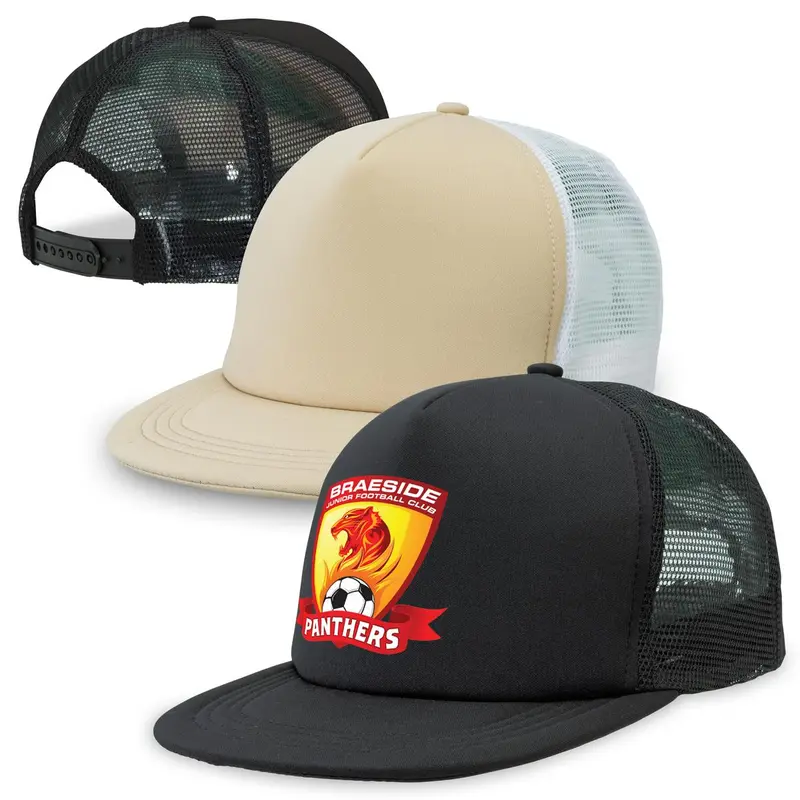 Flat Peak Trucker – Trucker Caps – available in beige, black colours