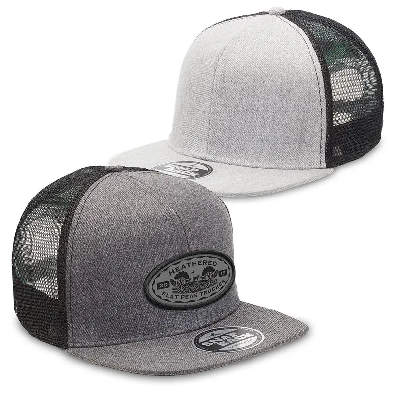 Heathered Flat Peak Trucker – Trucker Caps – available in black, grey colours