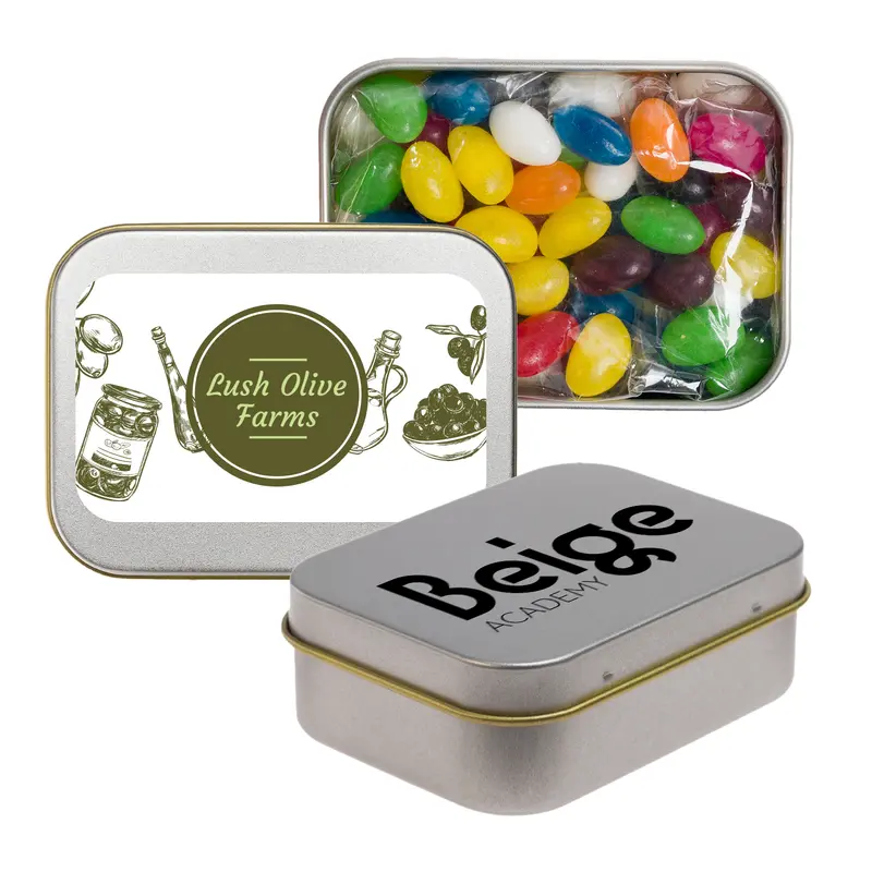 Assorted Colour Mini Jelly Beans in Silver Rectangular Tin – Lollies – available in silver colour
