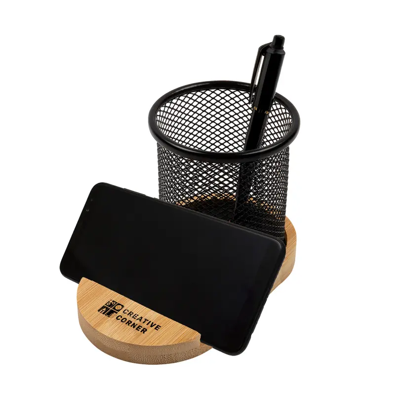 Bamboo Pen Tidy Phone Stand – Desk Accessories – available in brown colour