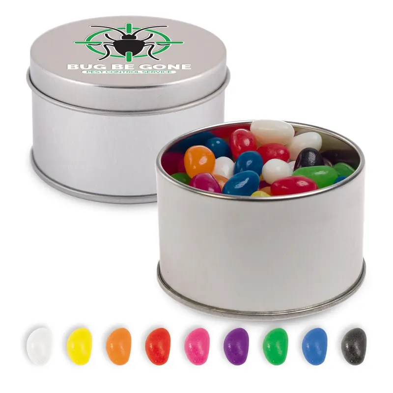 Assorted Colour Mini Jelly Beans in Silver Round Tin – Lollies – available in silver colour