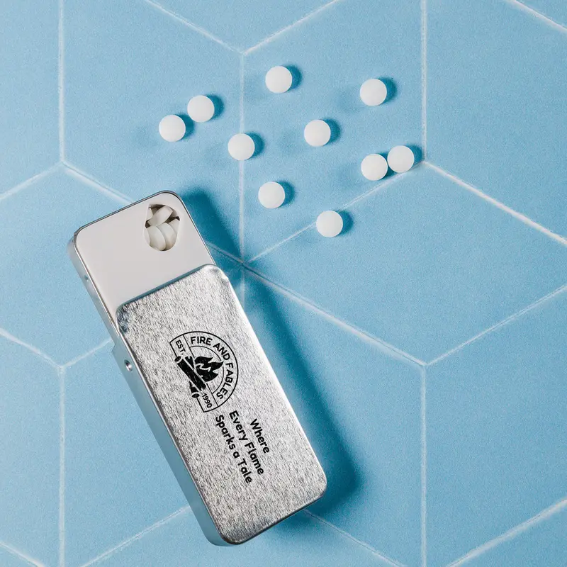 Sugar Free Breath Mints in Slider Tin – Mints – available in silver colour