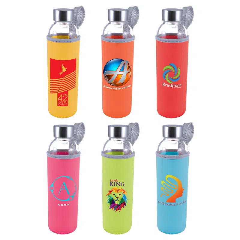 Capri Glass Bottle / Neoprene Sleeve – Drink Bottles – available in blue, green, orange, pink colours and 2 more
