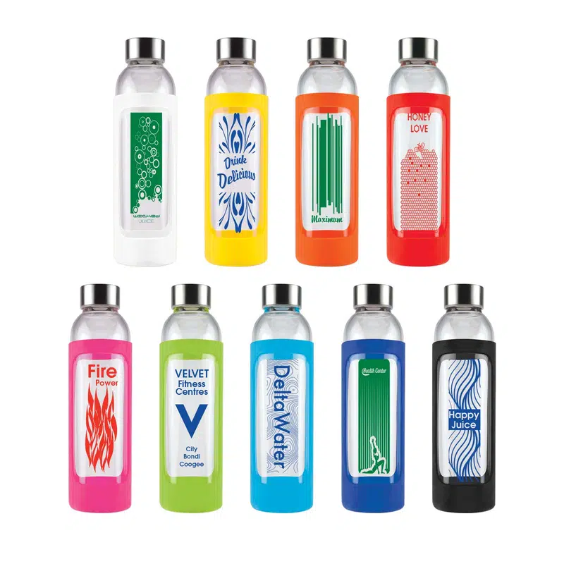 Capri Glass Bottle / Silicone Sleeve – Drink Bottles – available in black, blue, green, orange colours and 4 more