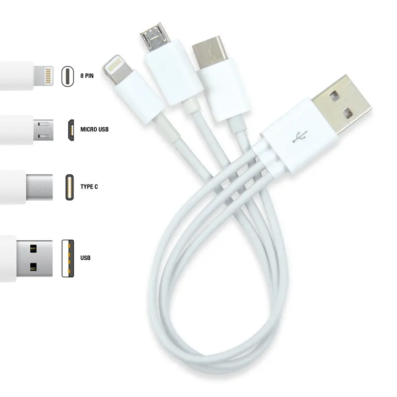 3 in 1 Combo USB Cable - Micro, 8 Pin, Type C – Charging Cables – available in white colour