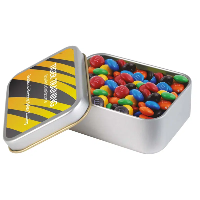 M&M's in Silver Rectangular Tin – Chocolates – available in silver colour