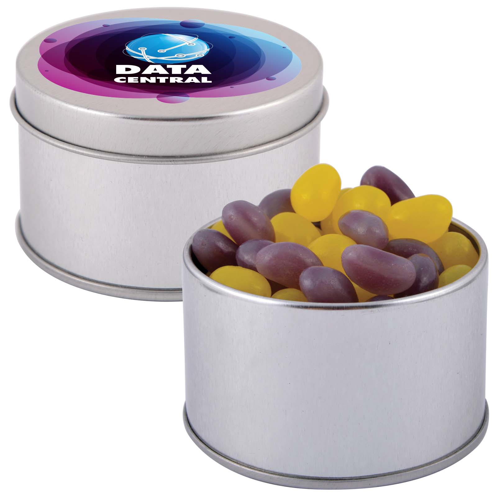 Corporate Colour Mini Jelly Beans in Silver Round Tin – Lollies – available in orange, purple, yellow colours