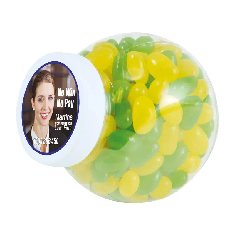 Corporate Colour Mini Jelly Beans in Container – Lollies – available in orange, purple, yellow colours