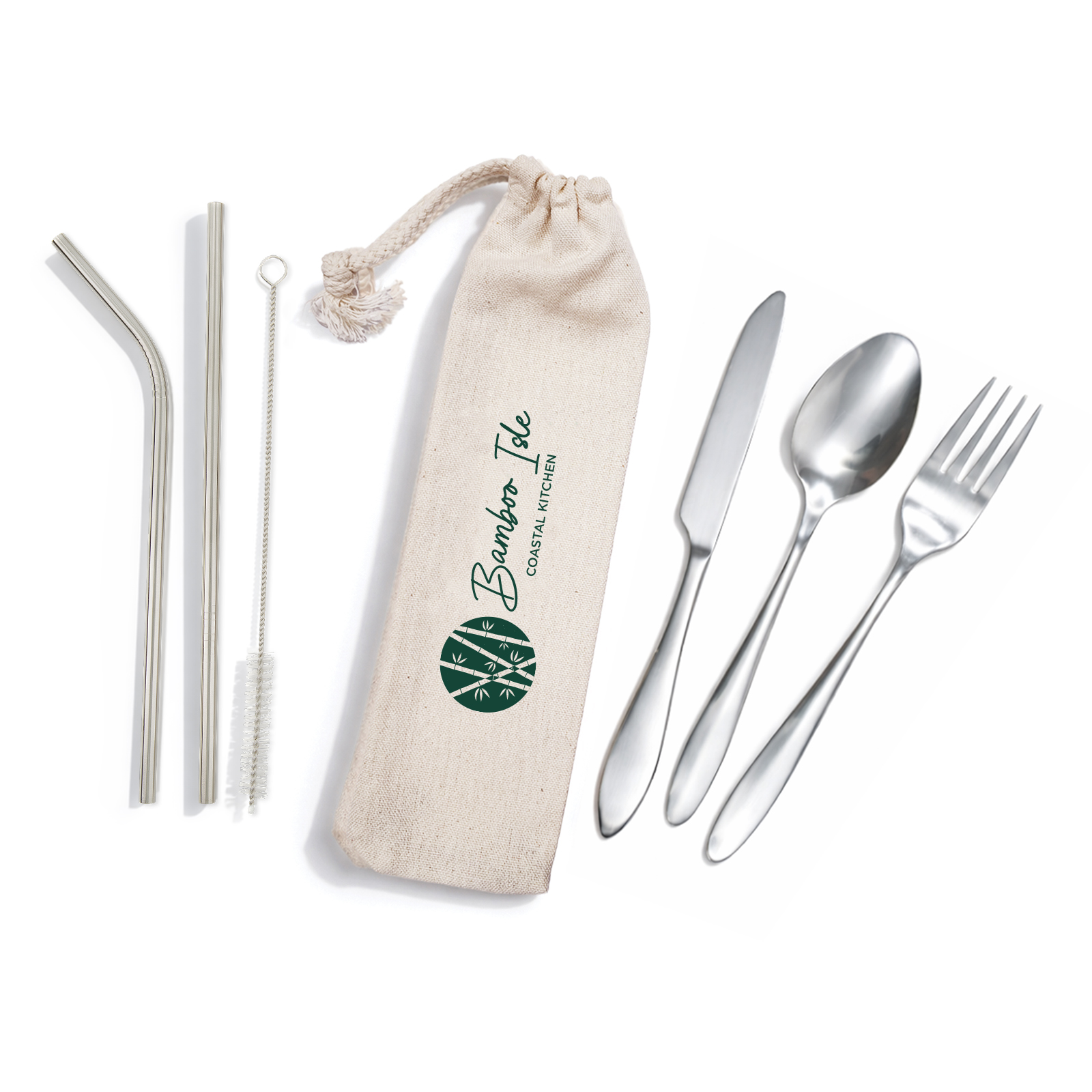 Banquet Stainless Steel Cutlery & Straw Set in Calico Pouch – Lunch Bags – Logo Line – available in Natural – photo 1 of 9
