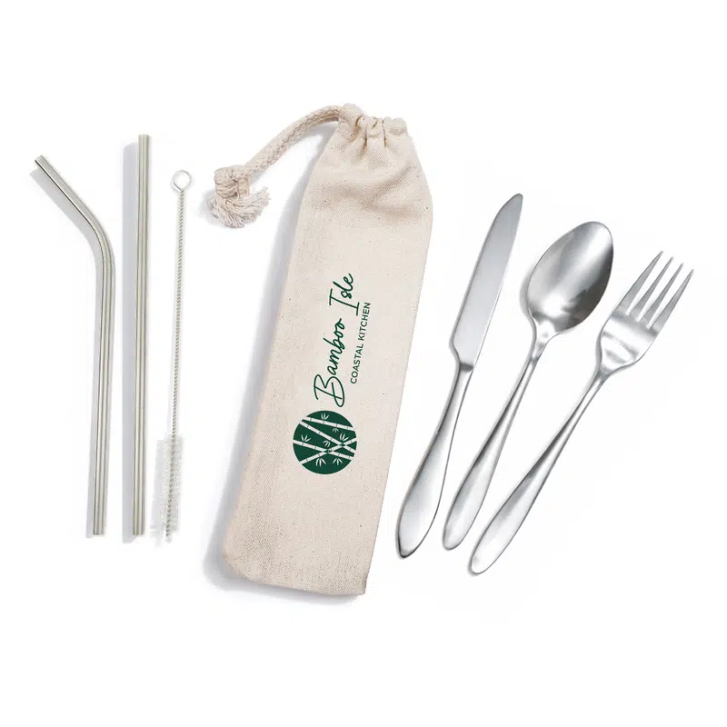Banquet Stainless Steel Cutlery & Straw Set in Calico Pouch – Lunch Bags – available in beige colour