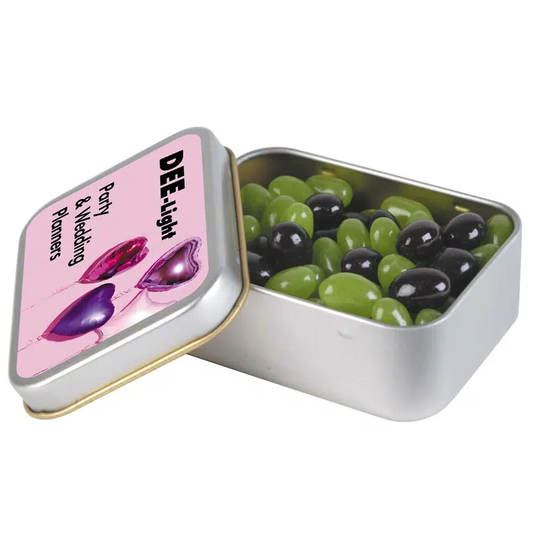 Corporate Colour Mini Jelly Beans in Silver Rectangular Tin – Lollies – available in orange, purple, yellow colours