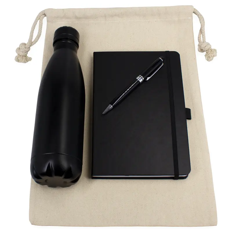 Gift Set - Cotton Drawstring Bag, Insulated Bottle, Journal & Pen – Drawstring Bags – available in black, blue colours