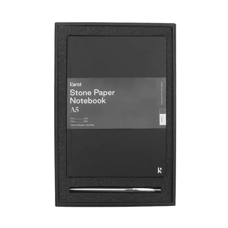 Gift Set w/ KT1001 Karst A5 Stone Paper Hardcover Notebook & 1066 Recycled Stainless Steel Pen – Gift Sets – available in black colour
