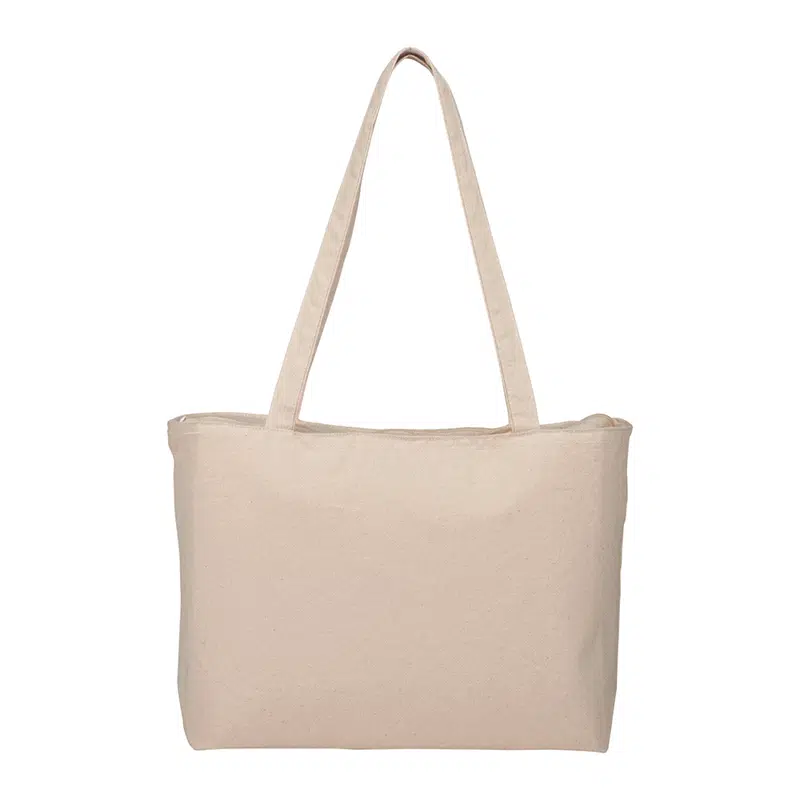 Zippered Cotton Canvas Shopper Tote – Shoppers – available in beige colour