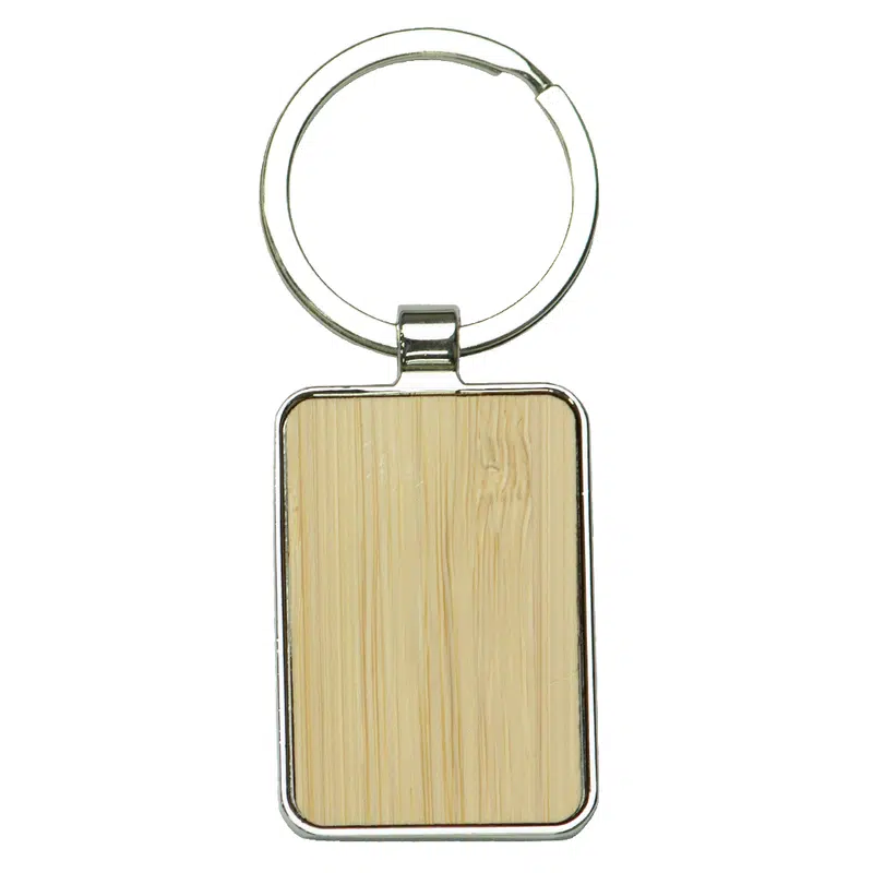 Rectangle Recycled Zinc Alloy Keyring w/ Bamboo – Travel Mugs – available in brown colour