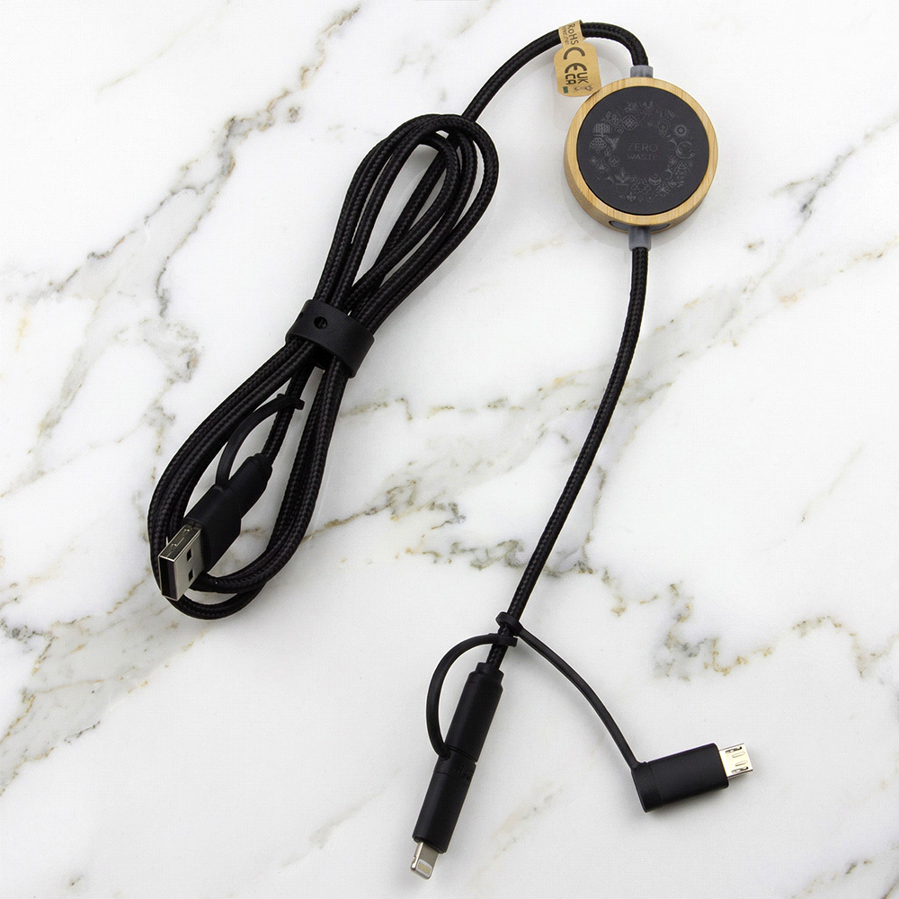 120cm Recycled 6-In-1 Data Transfer Cable w/ Micro Adaptor – Desk Accessories – The Range – available in Black – thumbnail 3 of 6
