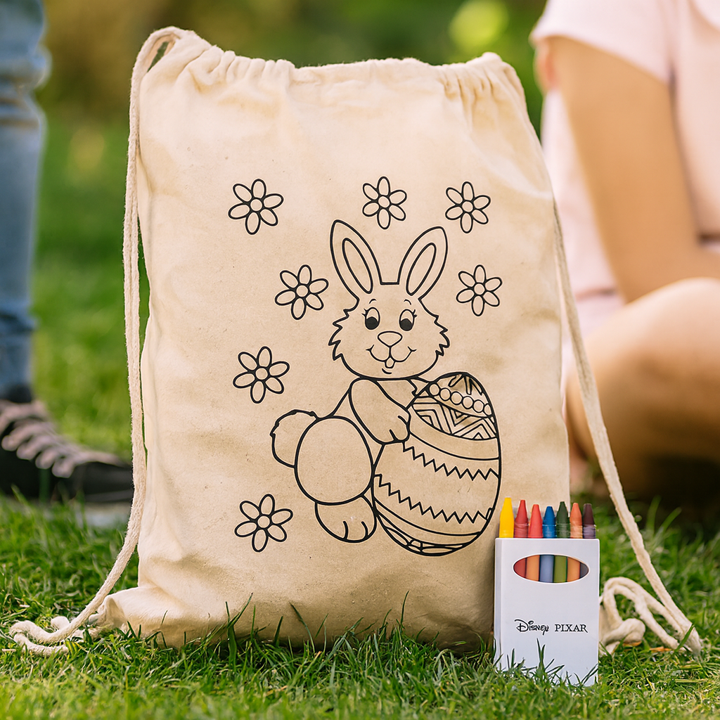 Squiggle Calico Drawstring Bag + Crayon set
