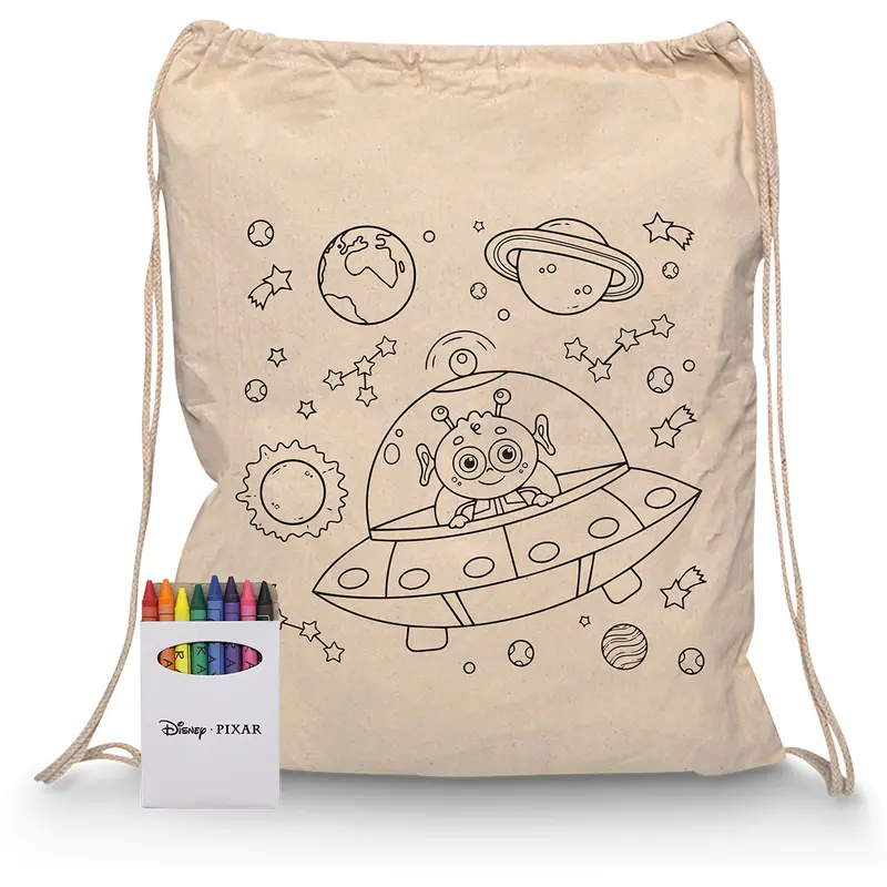 Squiggle Calico Drawstring Bag + Crayon set – Tote Bags – available in beige colour