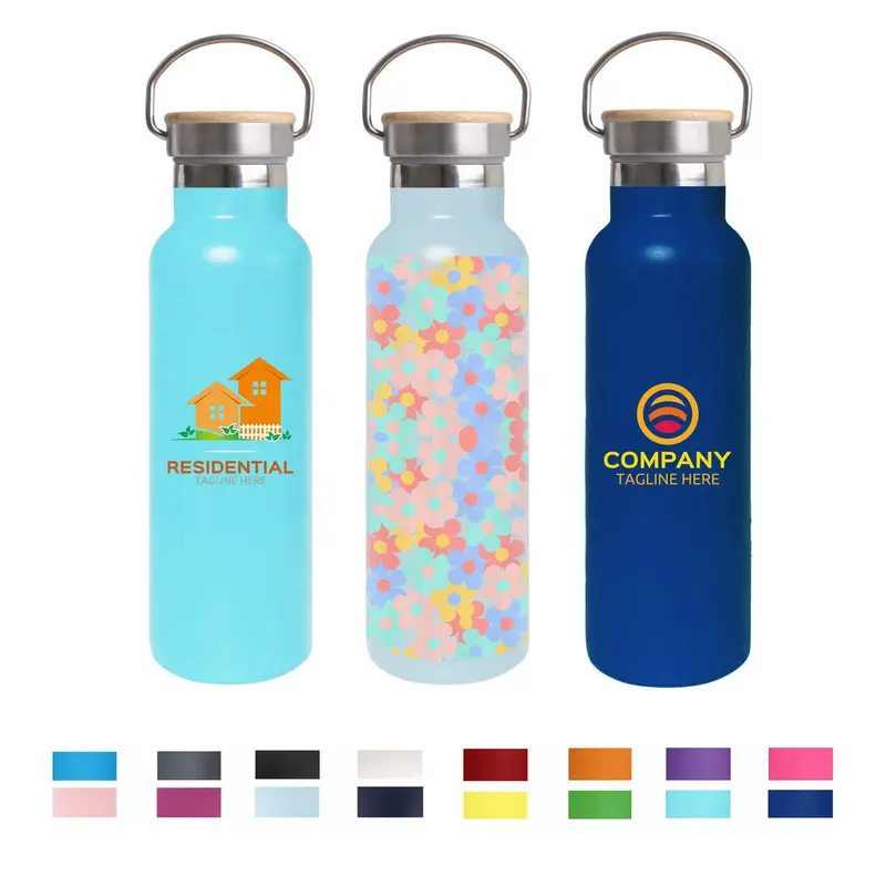 600ml Double Wall Vacuum Bottle with Bamboo Lid – Drink Bottles – available in black, blue, green, grey colours and 6 more
